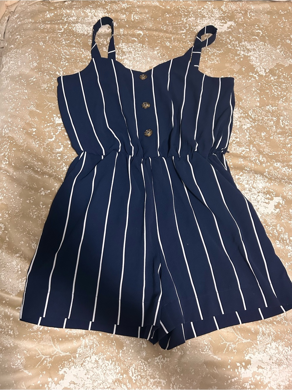 Reitmans Navy & White Vertical Stripe Button Romper